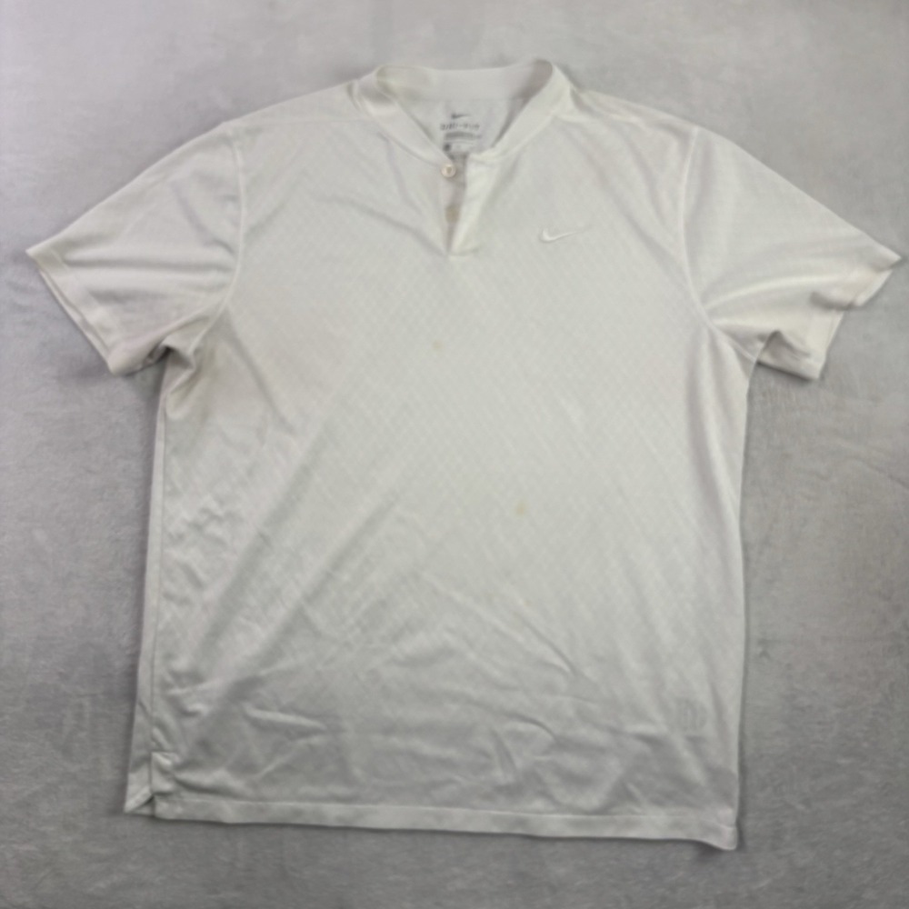 Nike Dri-Fit Standard Fit White Henley Short Sleeve Distressed Shirt Men's Large